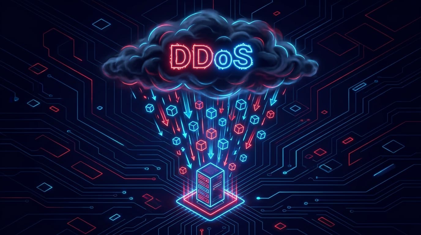 An abstract depiction of a DDoS-as-a-Service attack, showing a large, dark cloud overwhelming a server with a flood of data.