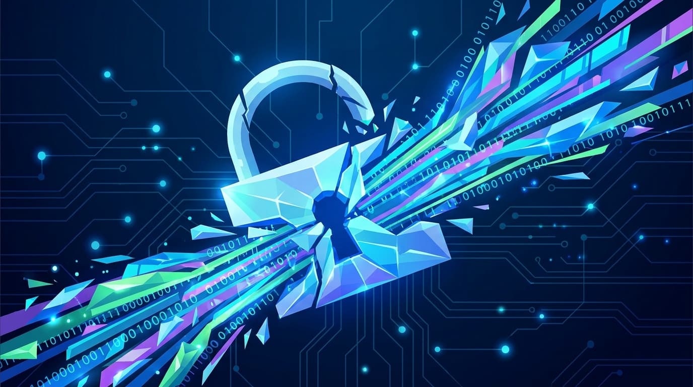 Abstract illustration of a digital data breach, showing a broken padlock icon.