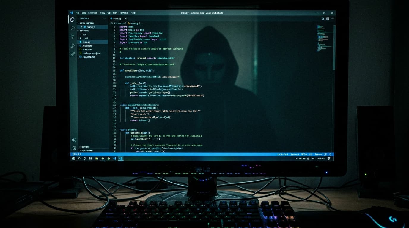 A conceptual image representing cyber espionage, showing a hacker's reflection on a screen with Visual Studio Code.