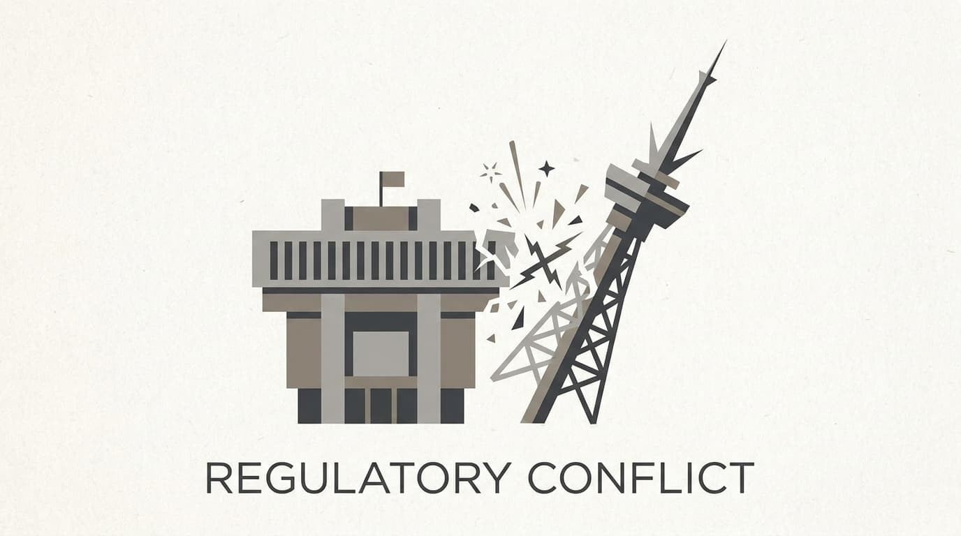 An illustration showing a government building and a broadcast tower, symbolizing the conflict between the FCC and broadcasters like ABC.