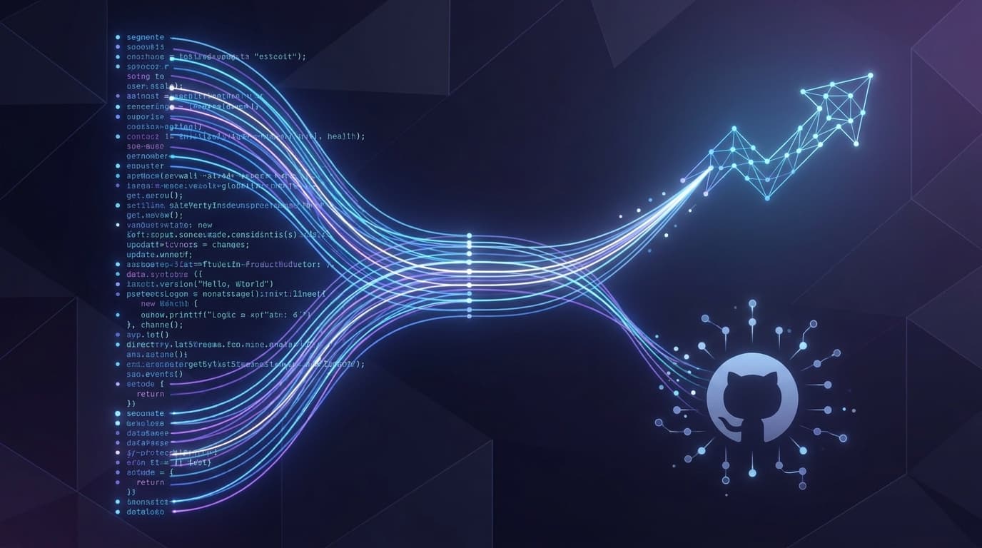 Abstract visualization of AI workflow optimization, showing complex data streams being simplified to represent cost savings.