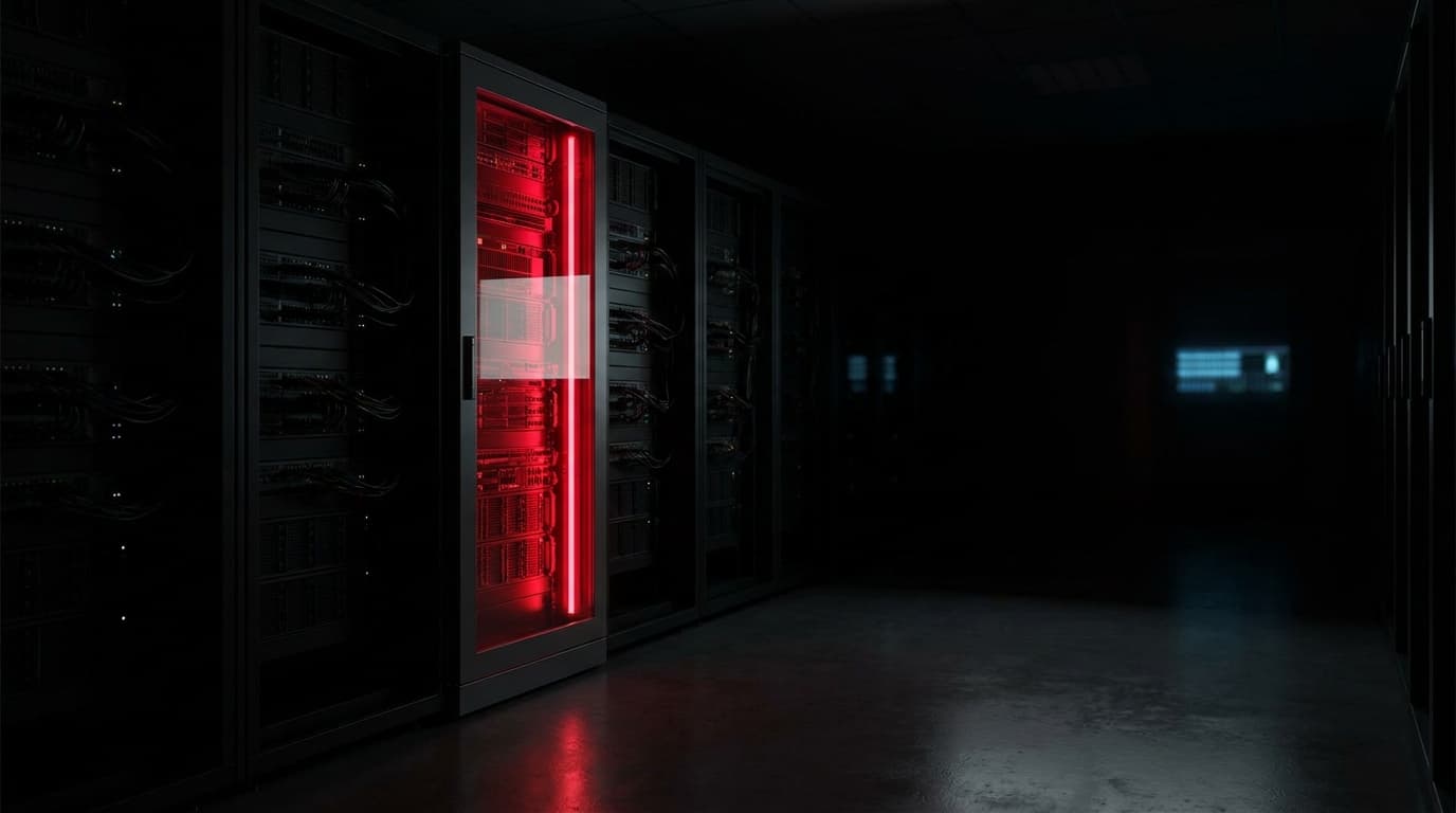 A single point of failure represented by a glowing red server in a dark data center, symbolizing a system-wide outage.