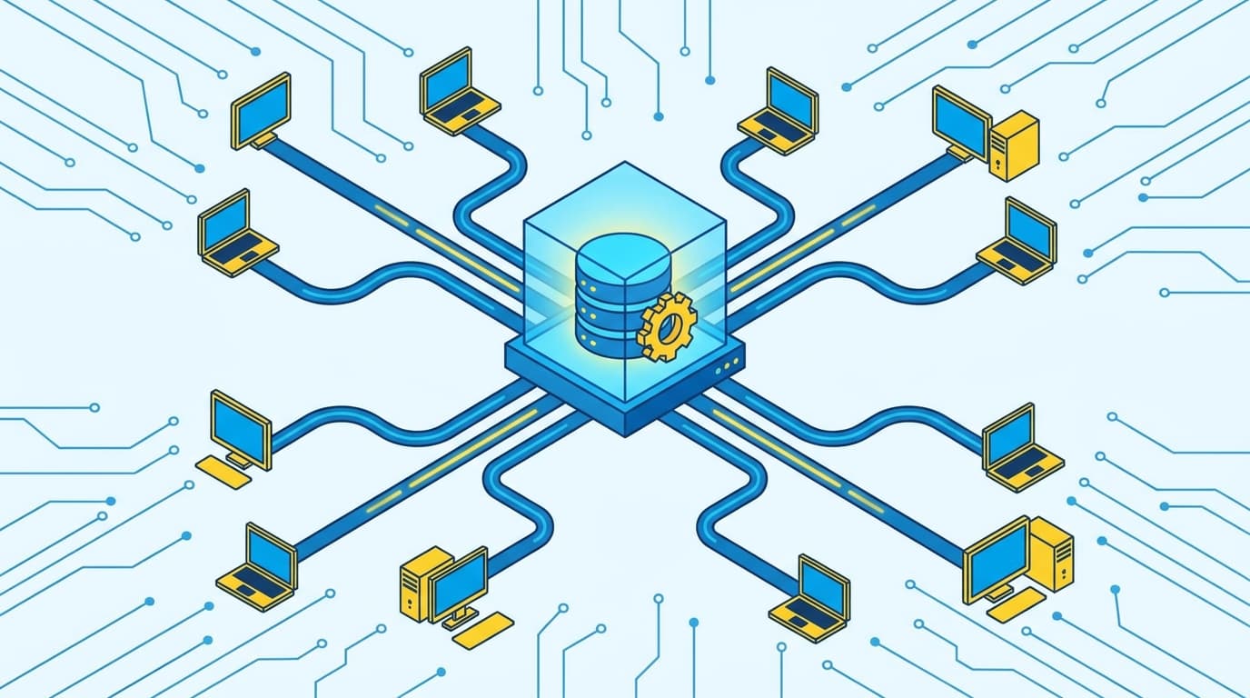 A diagram showing a central database connecting to multiple clients, illustrating a client-server network architecture.