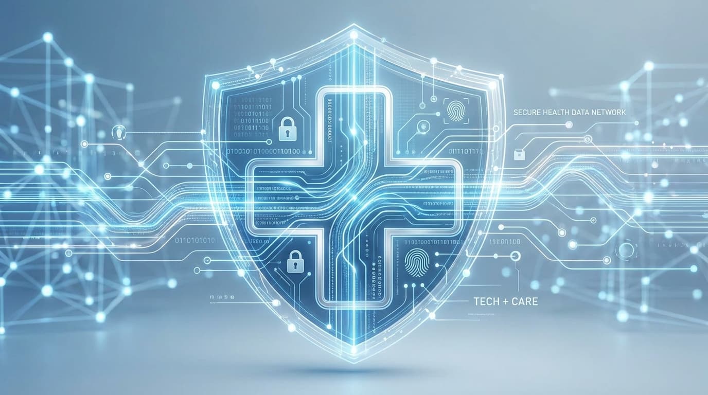 Abstract image of a digital network and a medical symbol, representing the Palantir and NHS data partnership.