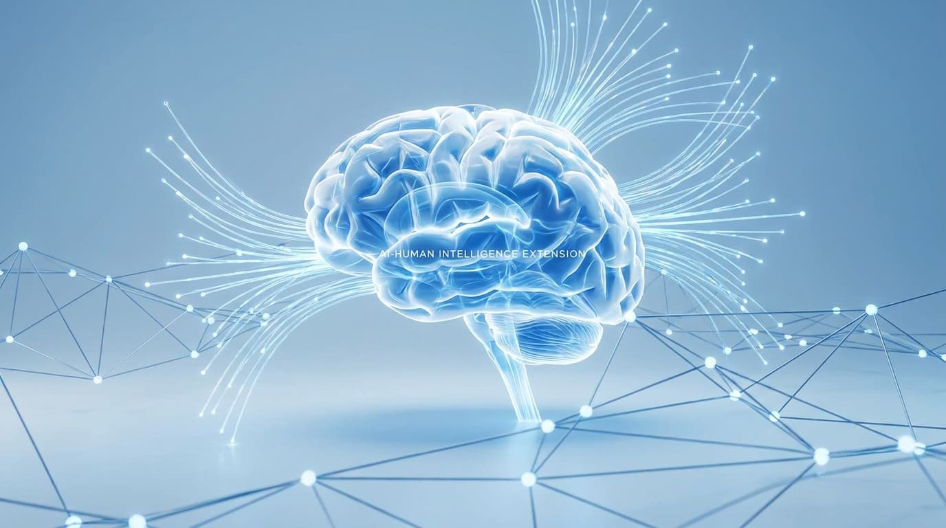 Abstract image showing neural pathways from a human brain extending into a digital network, symbolizing AI as an extension of human intelligence.