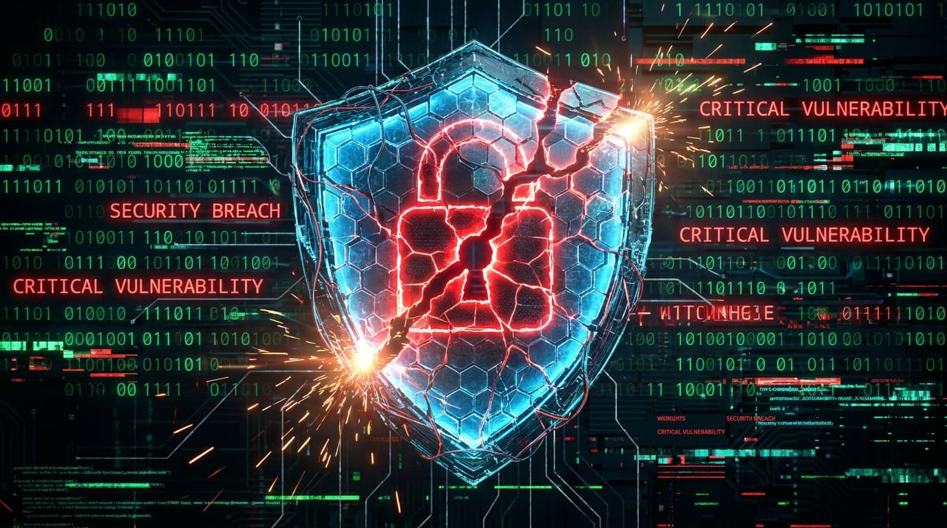 A fractured digital security shield, symbolizing vulnerabilities in Google Chrome and Microsoft Defender that require immediate patching.