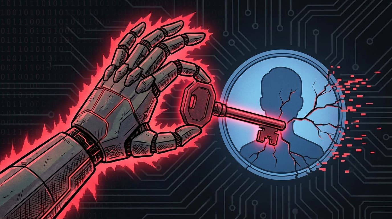 An AI robot hand holding a key, symbolizing the hacking of a social media account through an AI support bot.