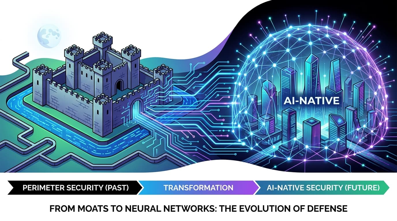 An abstract illustration depicting the evolution of cybersecurity from a simple perimeter wall to a complex, AI-driven neural network.