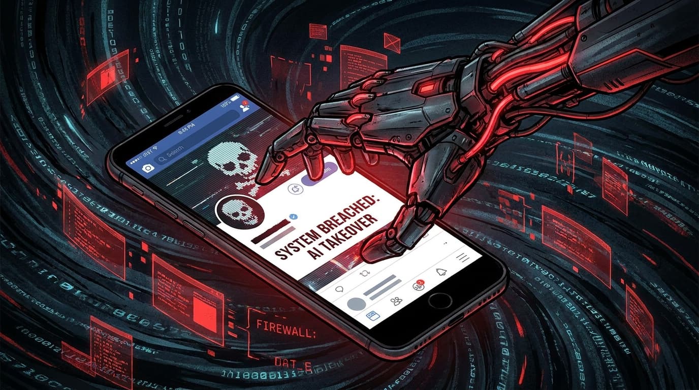 Illustration of an AI robot arm hijacking an Instagram profile, representing the security flaw in Meta's AI chatbot.