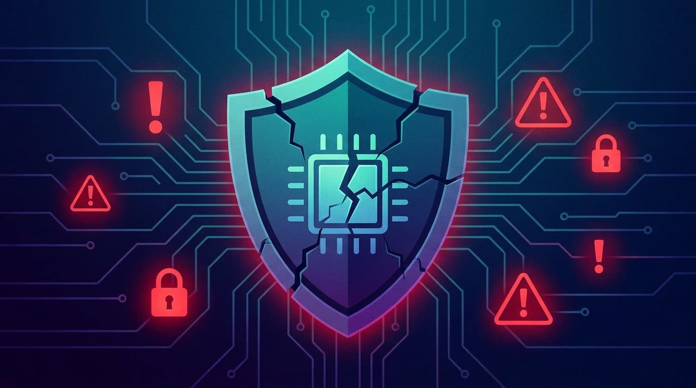 A cracked shield with a chip logo, symbolizing a critical Windows security vulnerability being exploited.