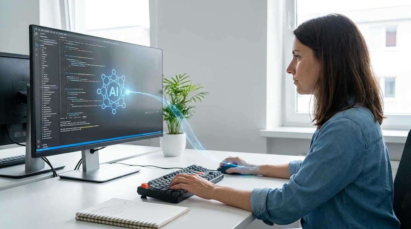 Conceptual image of a developer using a monitored AI agent, symbolized by a digital leash connecting them to an AI icon on their screen.