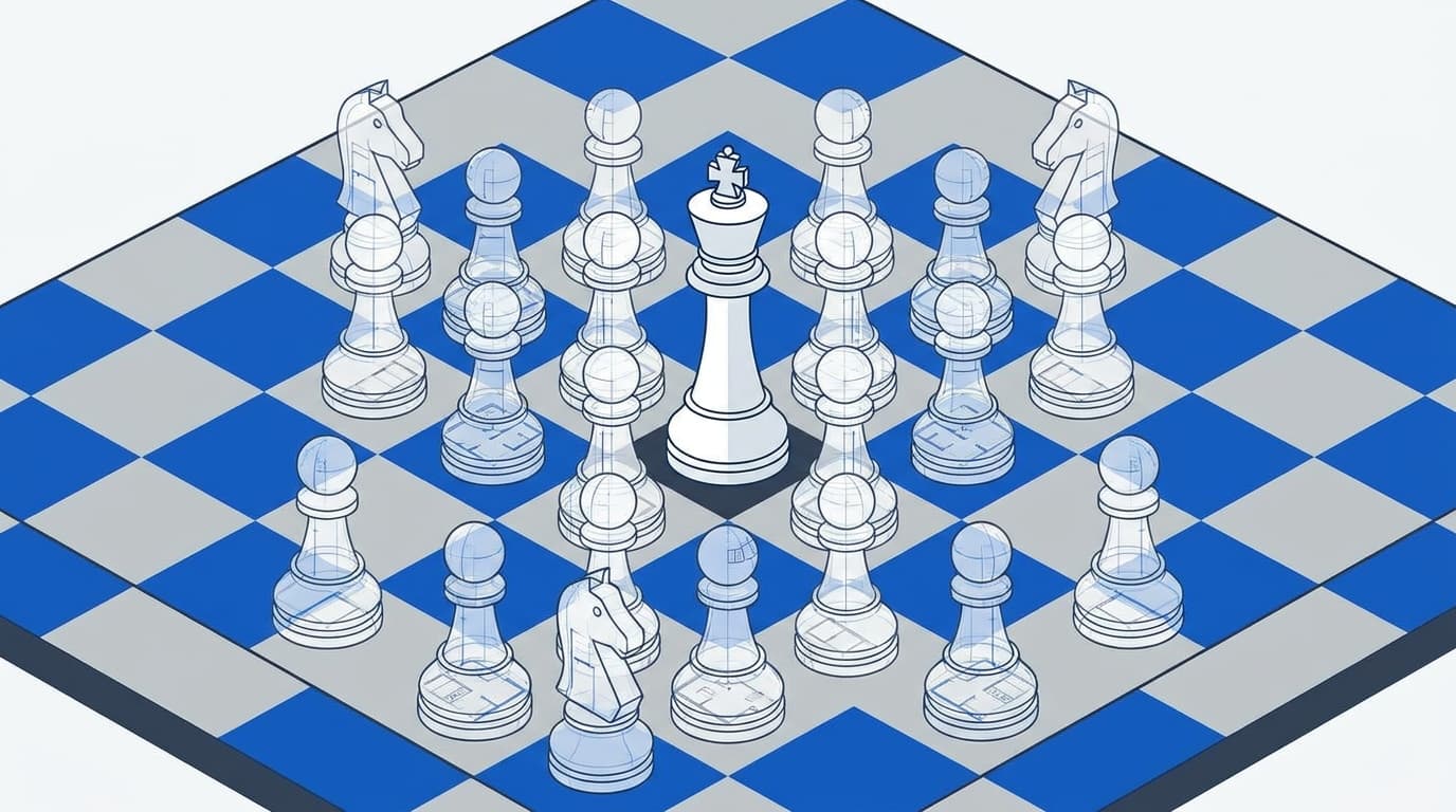 An abstract image of a king chess piece on a board, symbolizing a trapped CIO, surrounded by architectural blueprint-like pawns, representing the succession problem.