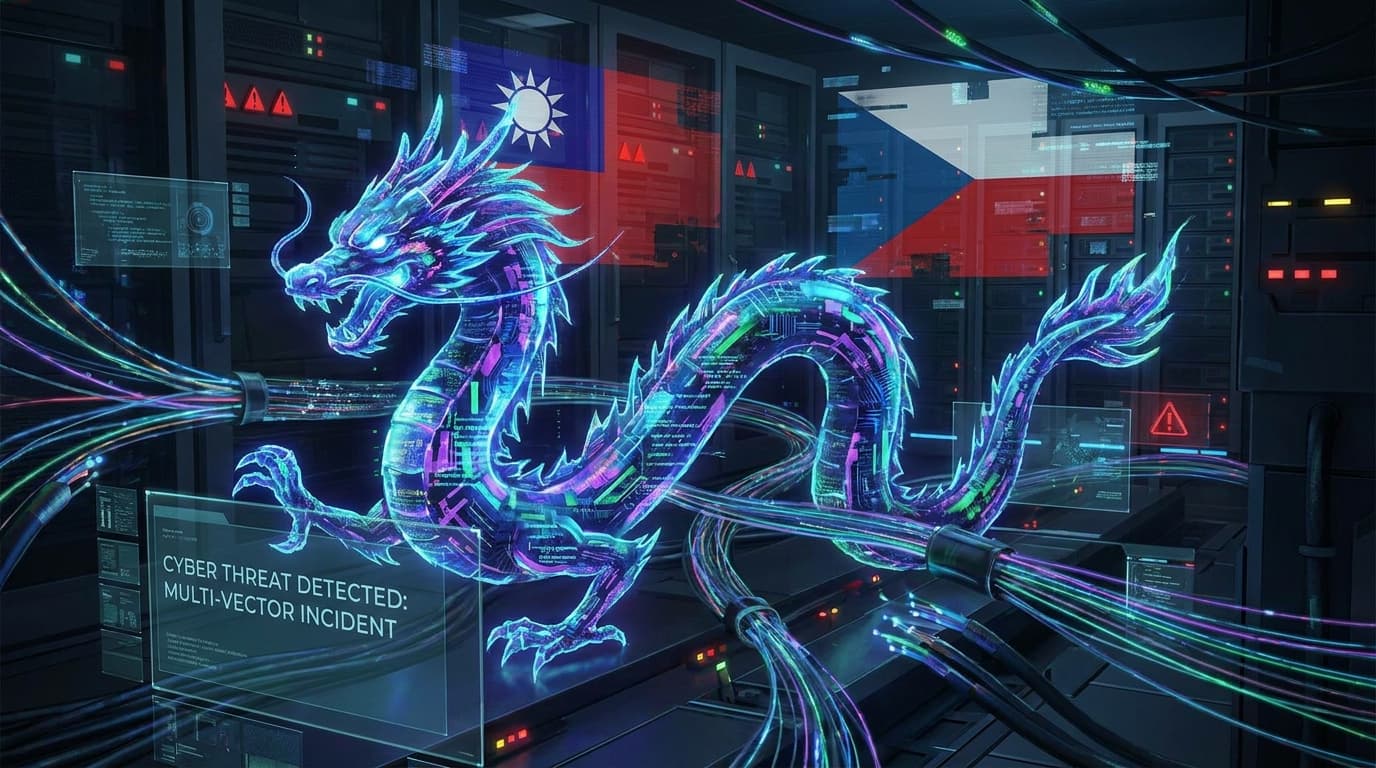 Conceptual art of a digital dragon symbolizing the Dragon Weave cyber attack targeting Taiwan and the Czech Republic.