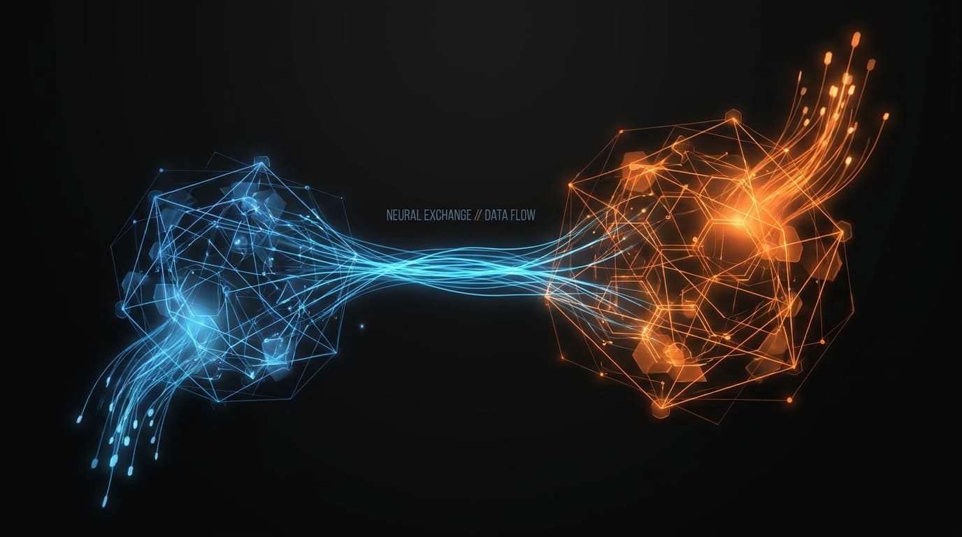 Abstract visualization of two AI networks, representing xAI and Anthropic, connected by flows of data and energy, symbolizing their new compute deal.