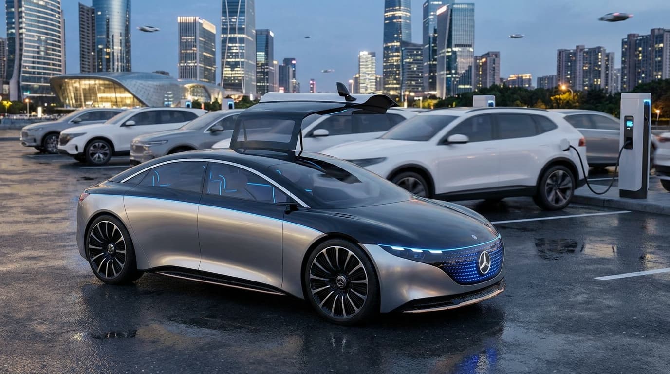 A modern electric sedan, representing the scarcity of affordable options, contrasted with a background of more common electric SUVs.