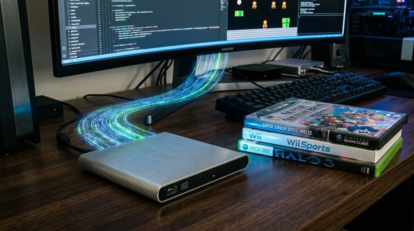 A modern Blu-ray drive connected to a computer, with classic GameCube, Wii, and Xbox 360 game discs nearby, symbolizing game preservation.