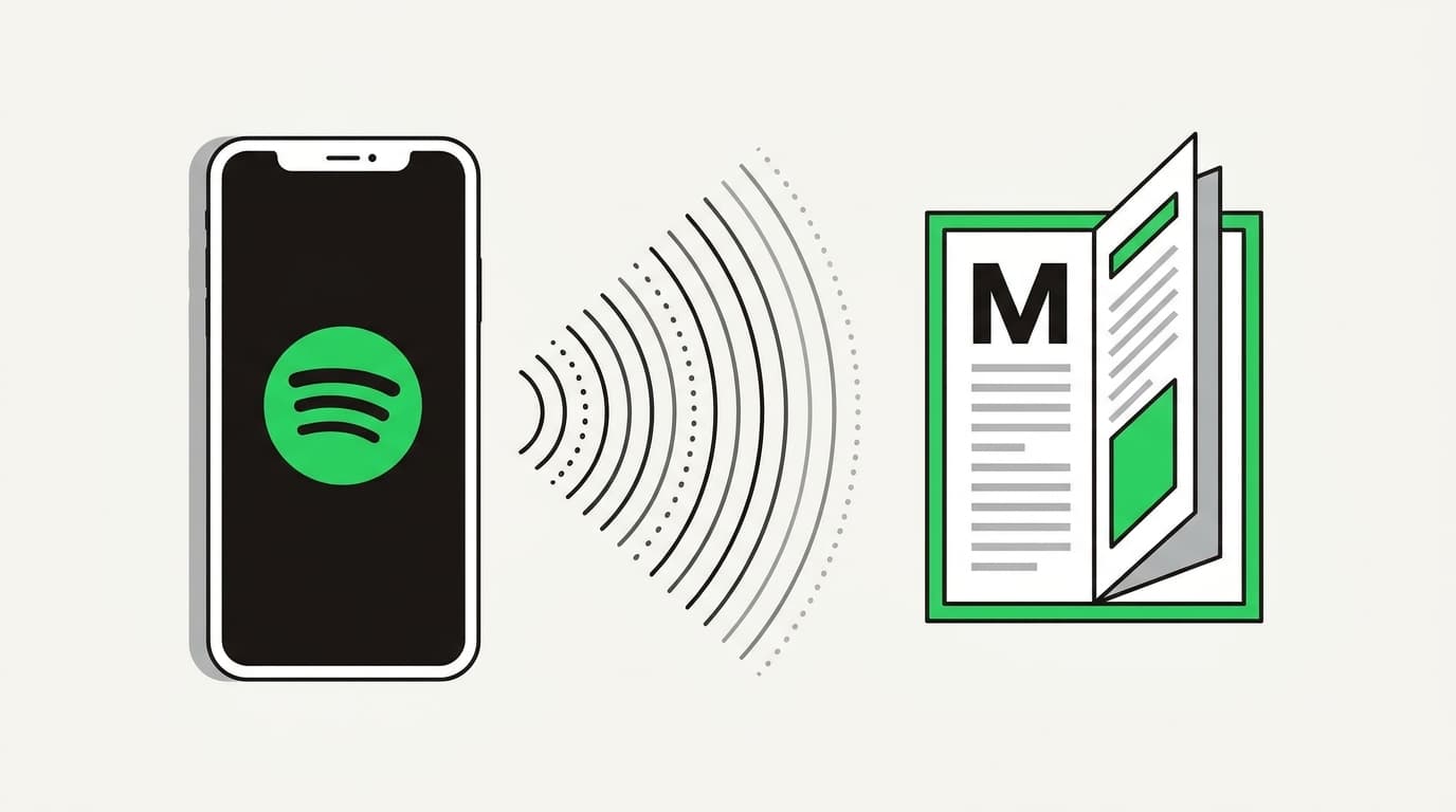 A smartphone displaying the Spotify app, with audio waves connecting it to a magazine, symbolizing Spotify's new narrated article feature.