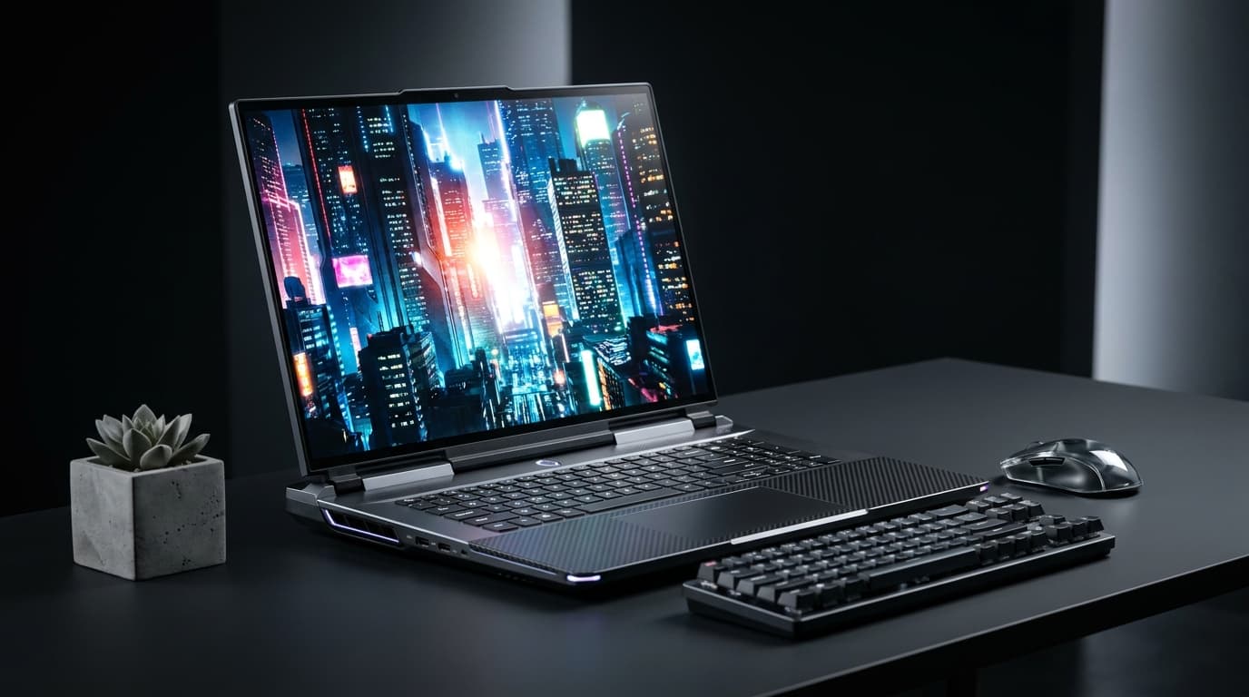 A close-up of a new Asus ROG laptop with a glowing 18-inch Mini LED screen showing a vibrant image.