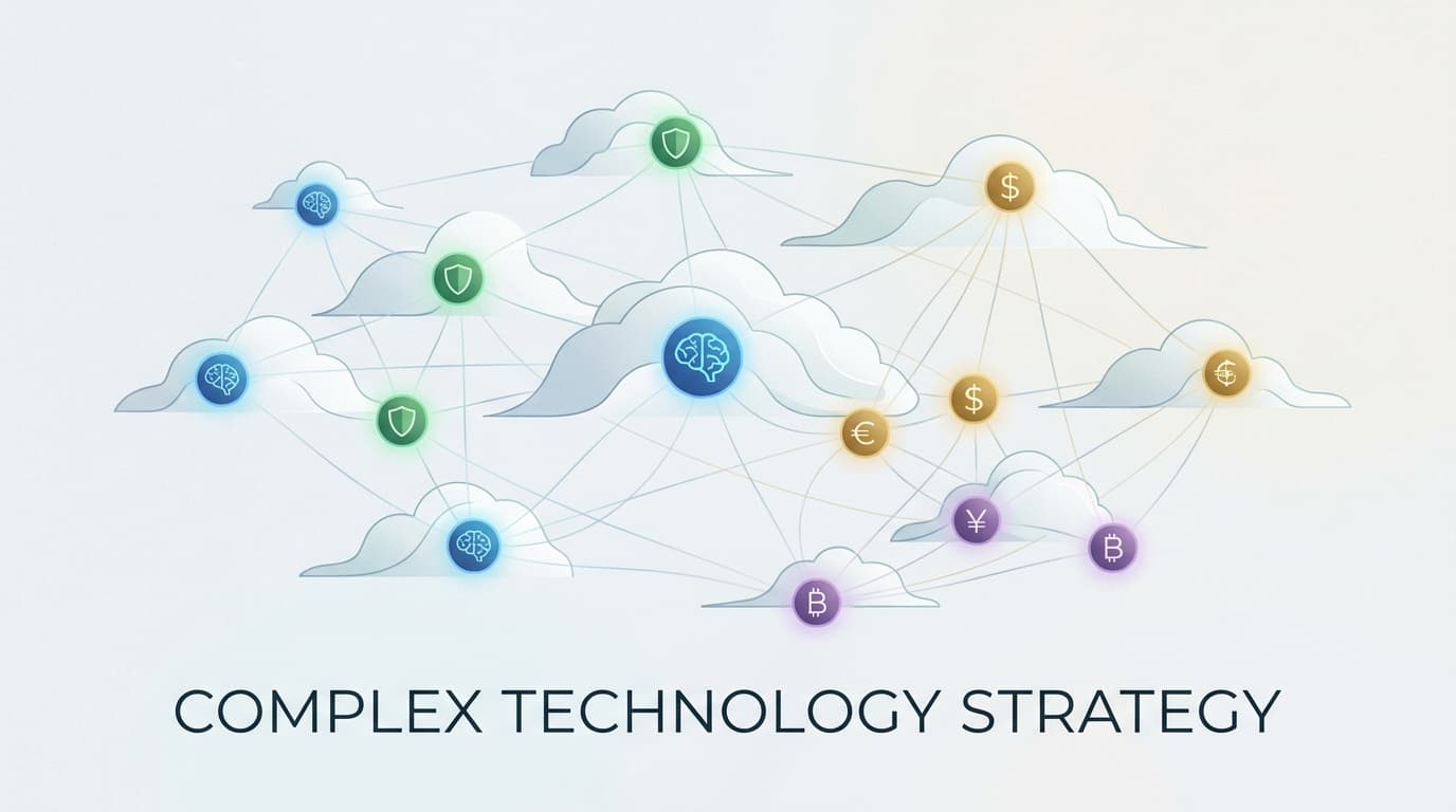 Abstract visualization of a complex cloud strategy, with interconnected nodes for AI, security, and cost.