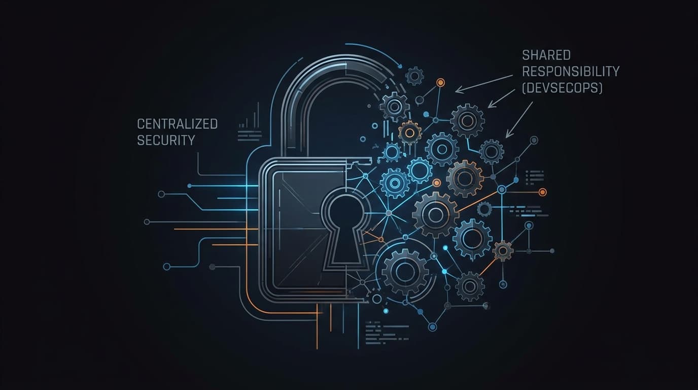 Abstract image showing a central security shield dissolving into smaller, interconnected nodes integrated within a development pipeline, symbolizing shared security responsibility.
