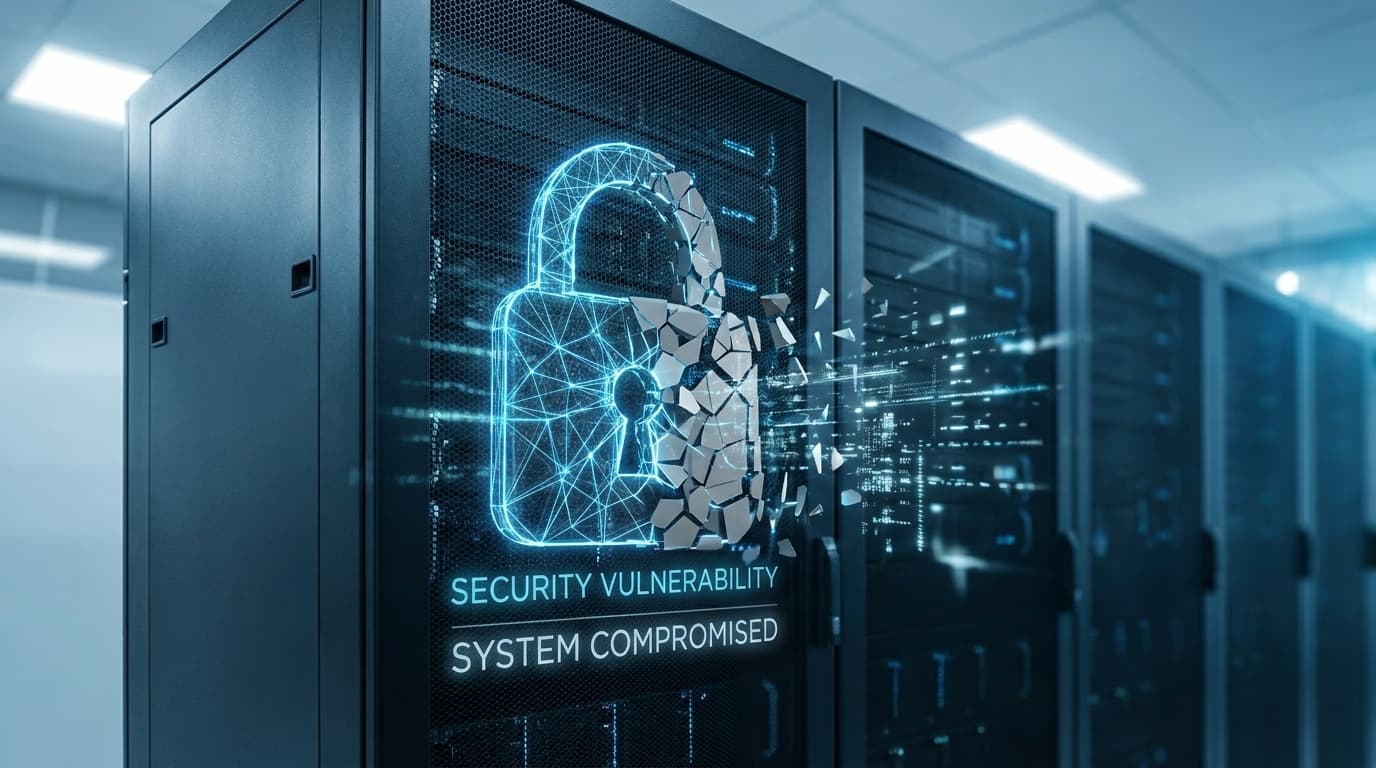 A broken lock icon superimposed on a server, representing a security vulnerability in Apache Tomcat.