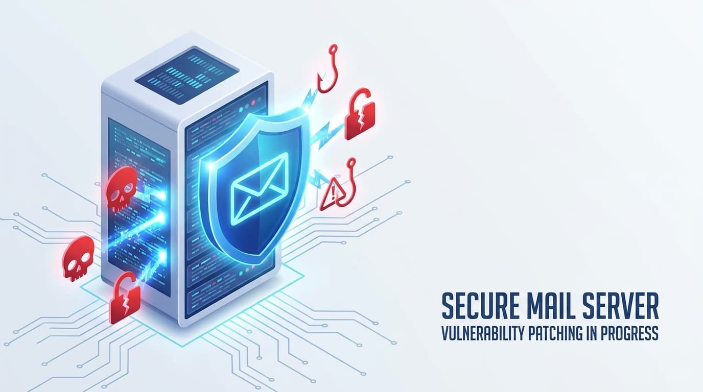 Illustration of a secure mail server being updated to fix security vulnerabilities.