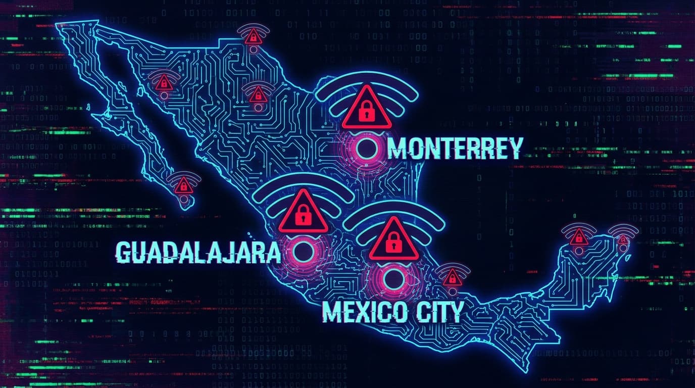 Map of Mexico showing insecure public Wi-Fi hotspots in World Cup host cities.