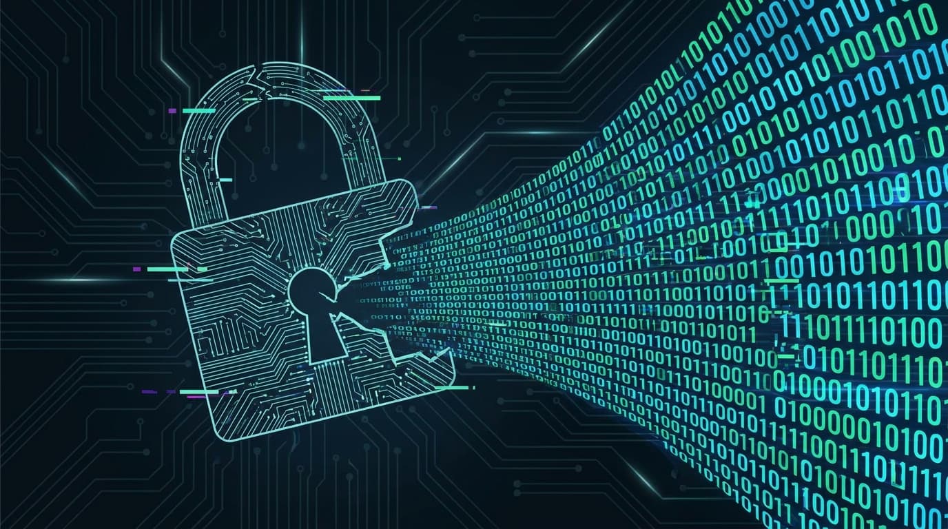 A cracked digital padlock on a dark background, symbolizing a cybersecurity breach at a password manager.