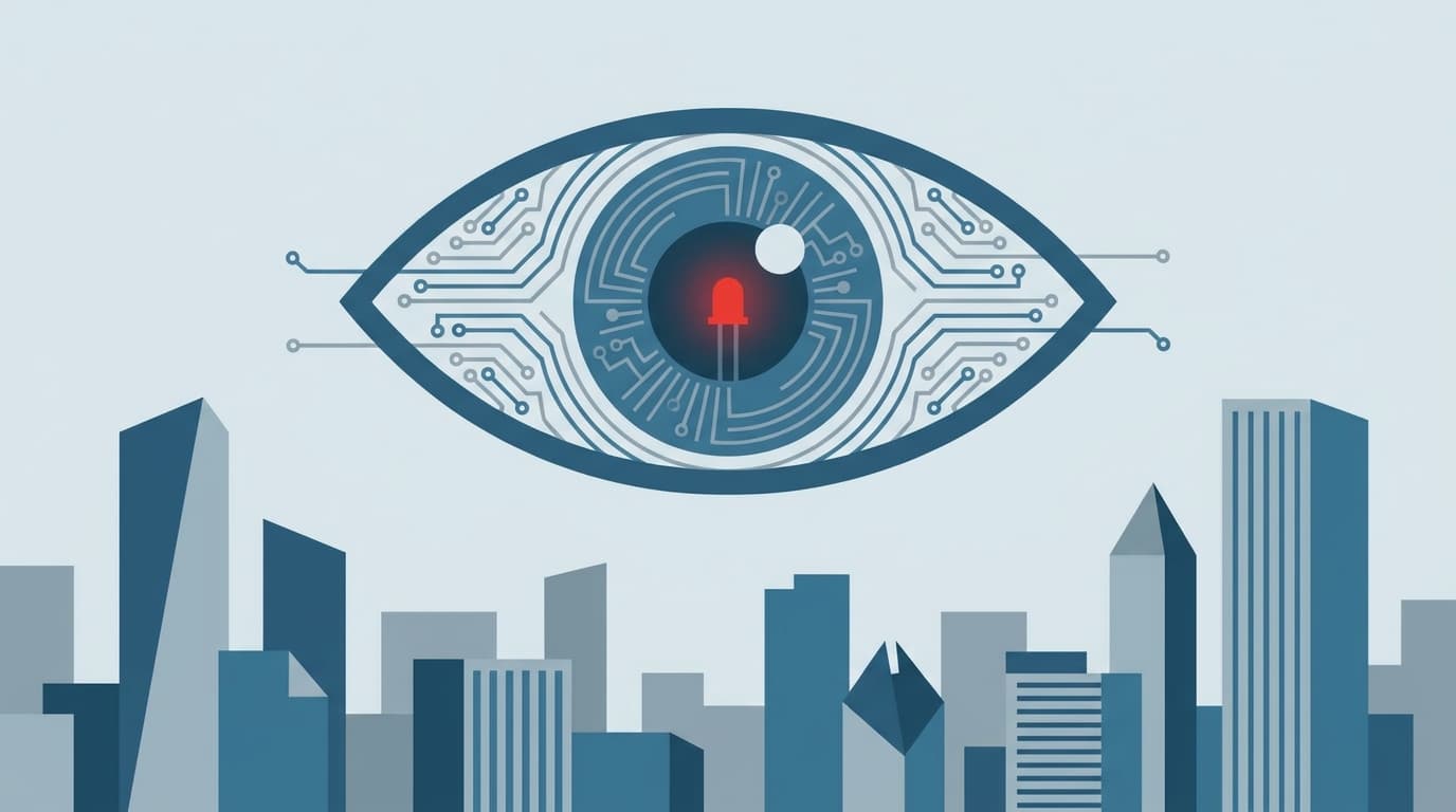 Abstract art of a large, digital eye made of circuits watching over a city, symbolizing technological surveillance and privacy concerns.