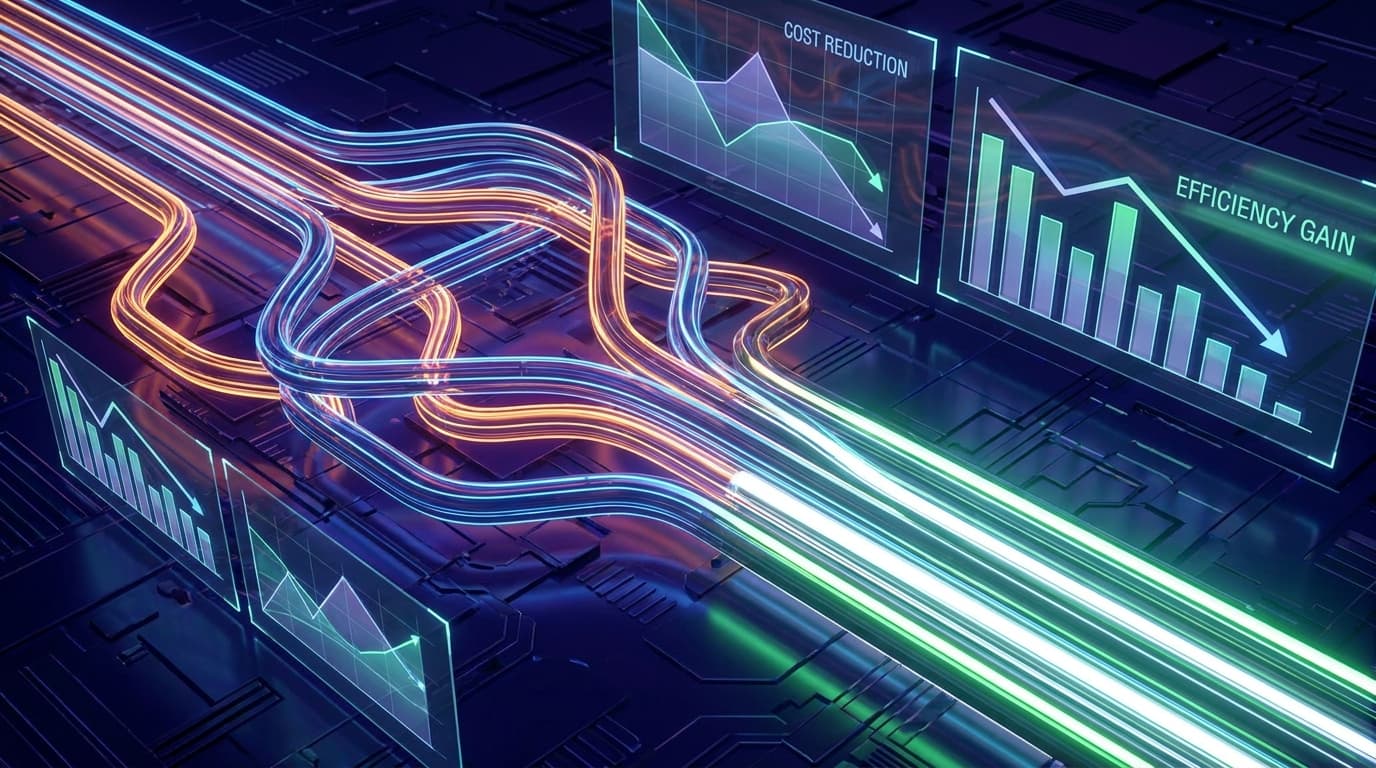 Abstract digital art of efficient data pipelines, symbolizing cost optimization and performance gains in cloud infrastructure.