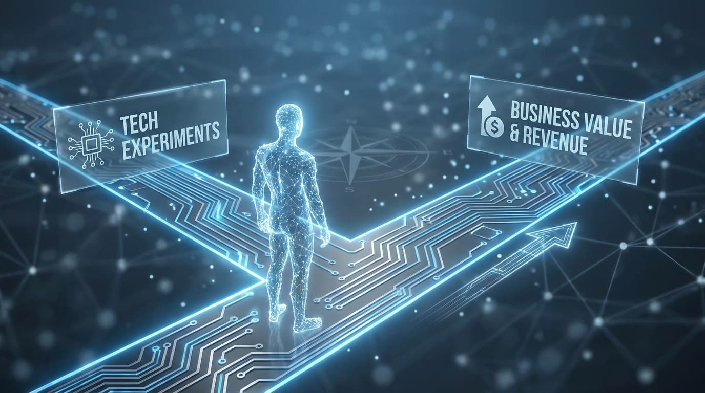 A conceptual image illustrating the strategic shift of the CIO role from technology experimentation towards driving business revenue and resilience with AI.