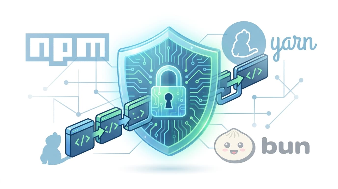 A shield protecting a software supply chain, symbolizing the DepsGuard security tool for JavaScript package managers.
