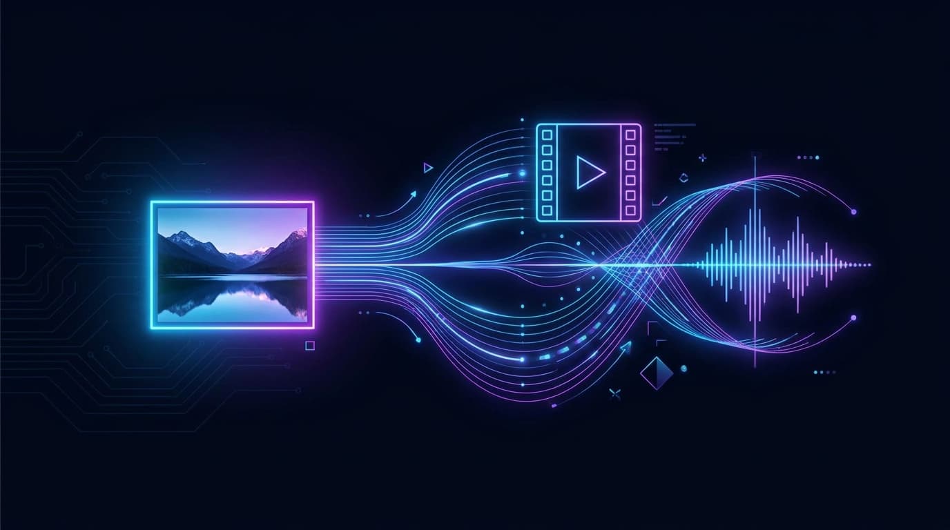 Abstract illustration of an AI model processing an image to create a video and audio stream.