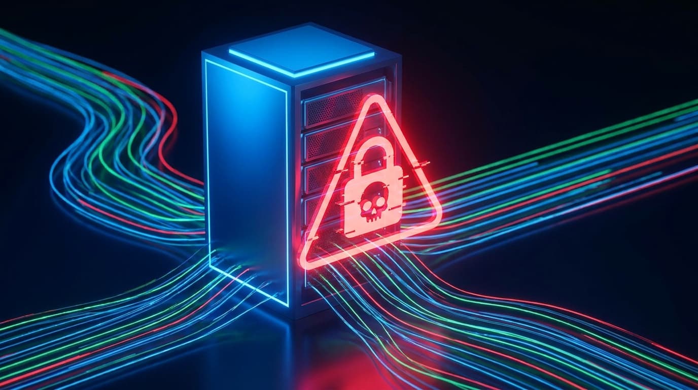 Abstract visualization of a web server vulnerability, showing a red alert icon over a server rack.