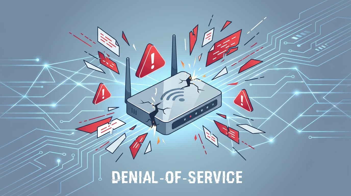 Abstract visualization of a network router being disrupted by a security vulnerability, representing a denial-of-service attack.