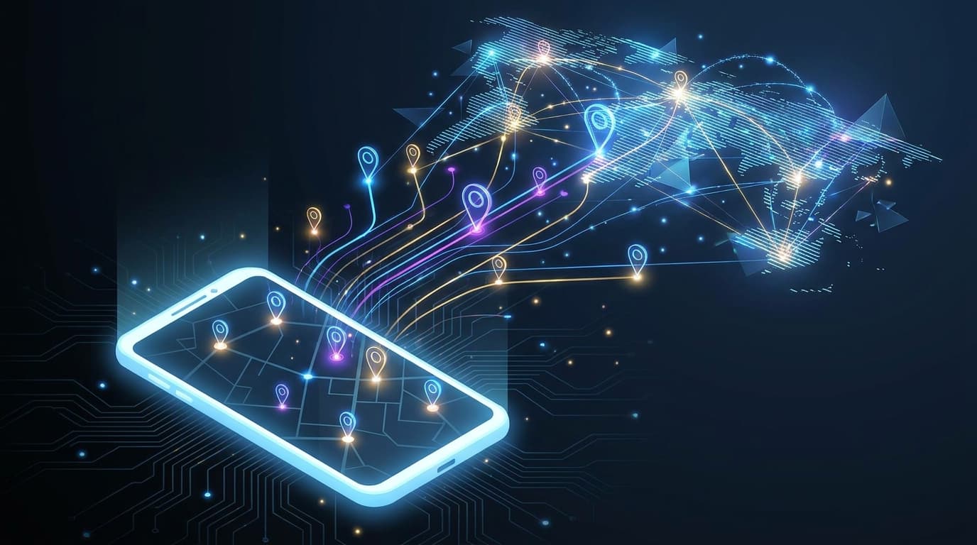 Abstract image of a smartphone sharing location data, symbolizing browser privacy concerns.