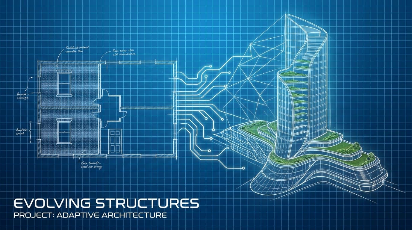 An abstract diagram showing an architectural blueprint evolving over time, representing architectural change cases.