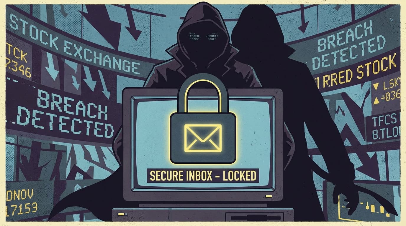 A conceptual image depicting a hacker spying on an executive's email, symbolizing a cybersecurity breach at a financial institution.