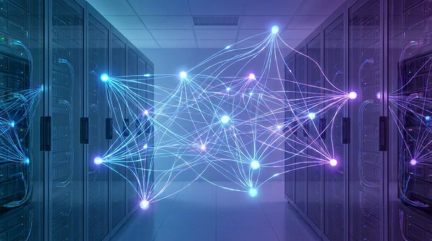 Abstract visualization of a random graph network topology in an AWS data center, showing interconnected nodes.