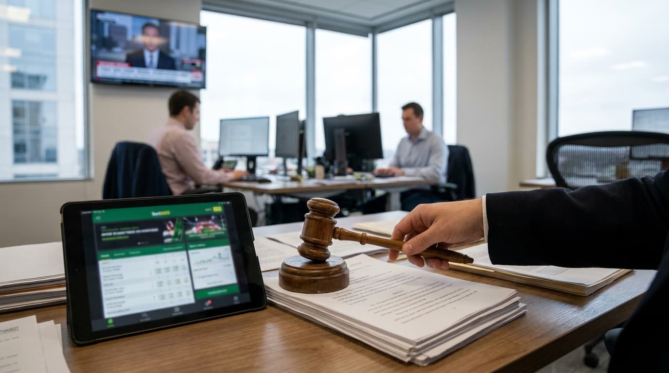 A gavel representing regulation in front of a background of smartphone screens displaying online sports betting applications.