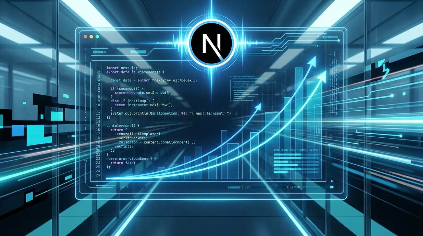 Abstract visualization of code and performance graphs with the Next.js logo, representing speed and AI enhancements in version 16.2.
