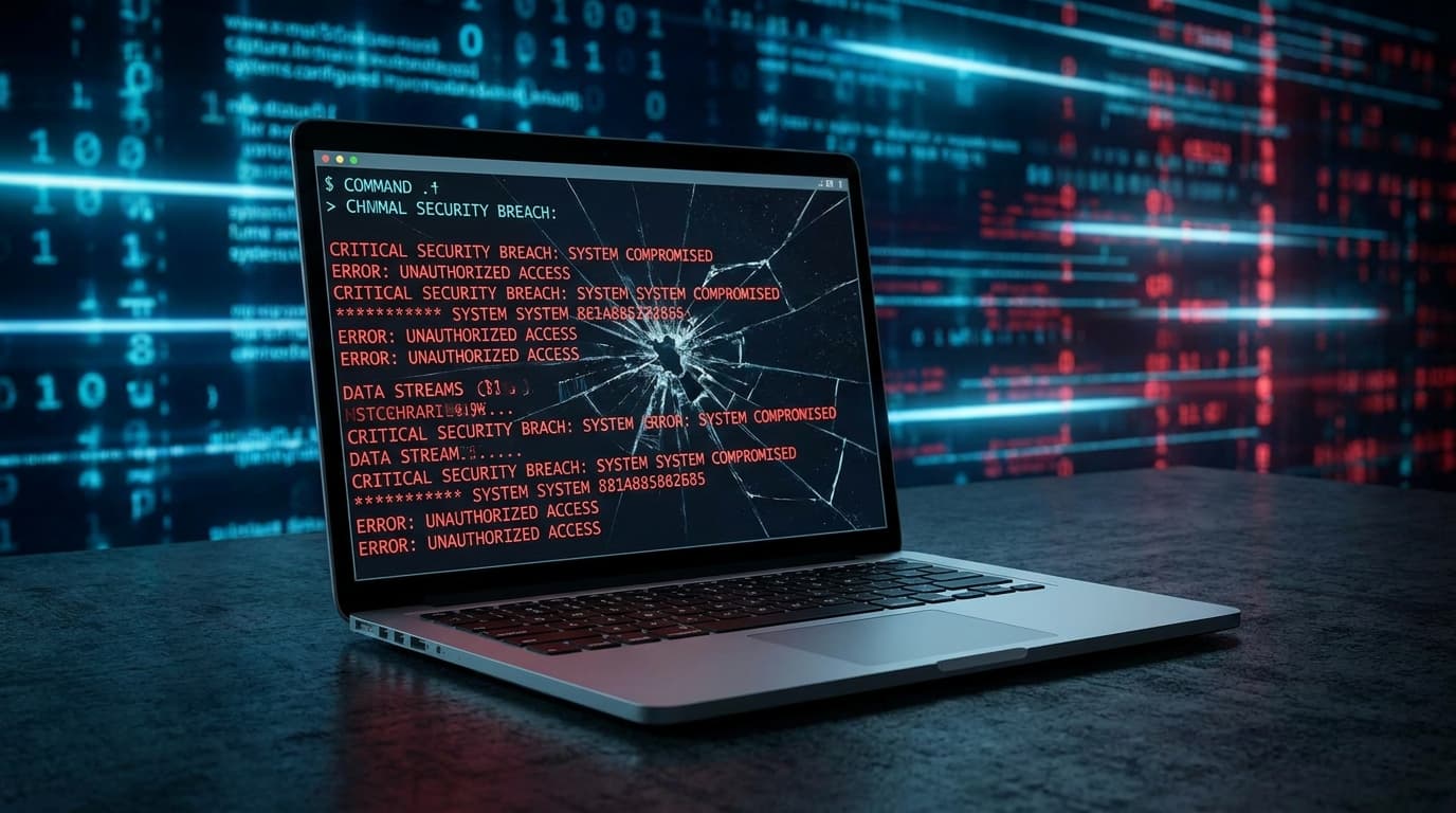 Conceptual image of a macOS laptop with a cracked screen, indicating a security breach through the FlutterShell backdoor.
