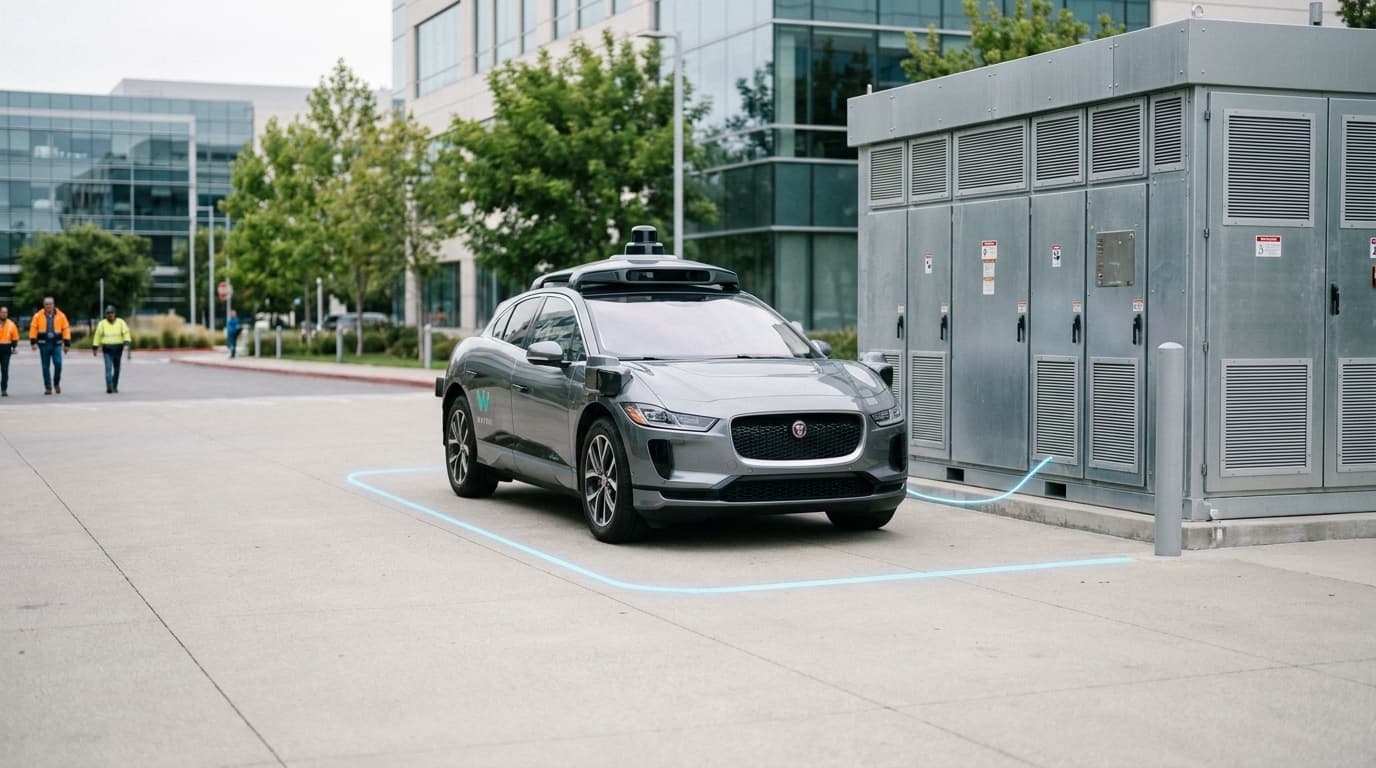 A Waymo self-driving car next to a grid-scale battery storage unit, illustrating the repurposing of EV batteries.