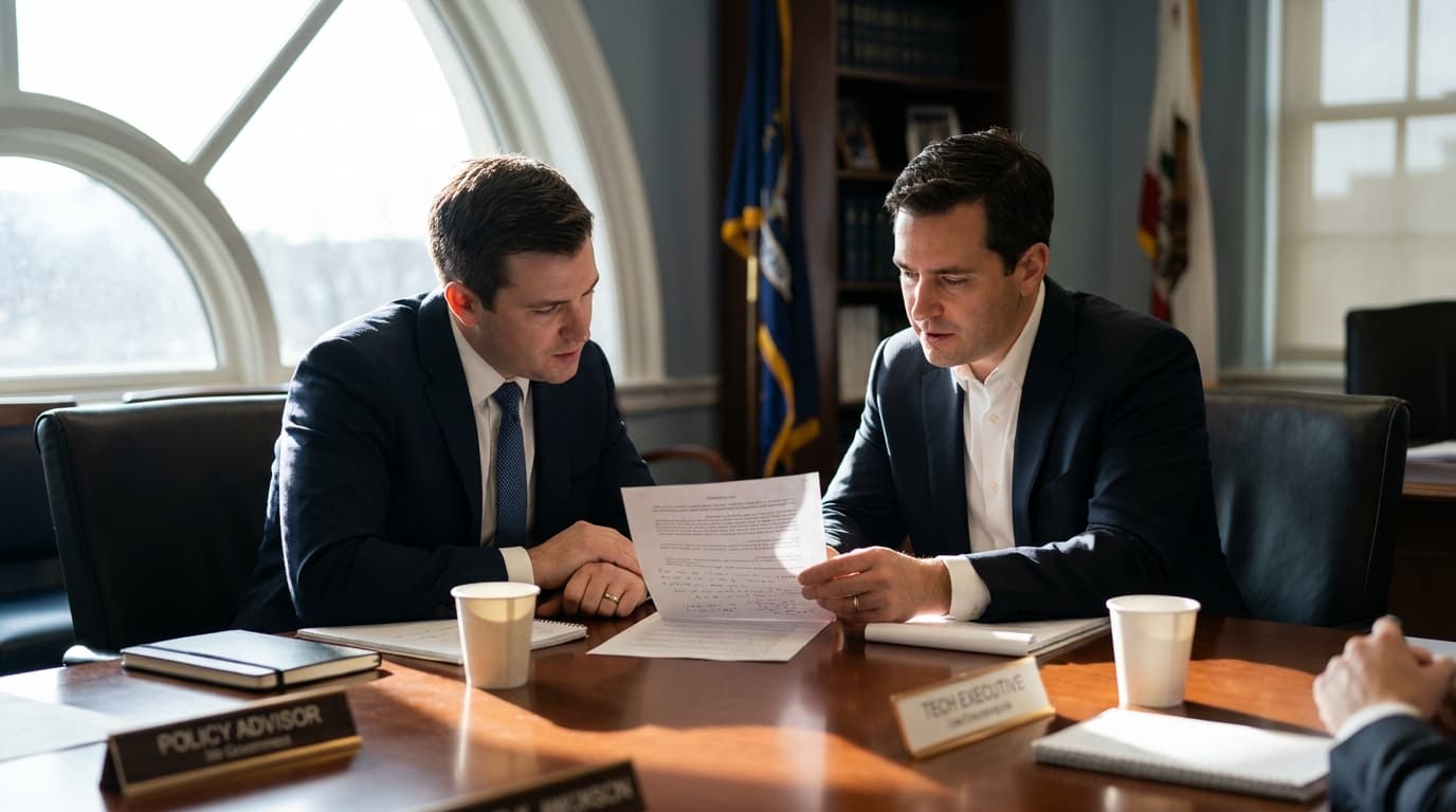 Two professionals in a formal meeting room discuss a policy document at a large wooden table.