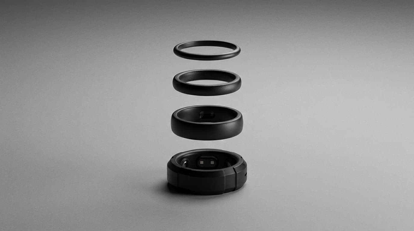 A side-by-side comparison of four generations of the Oura Ring, showing the Oura Ring 5 is the smallest.