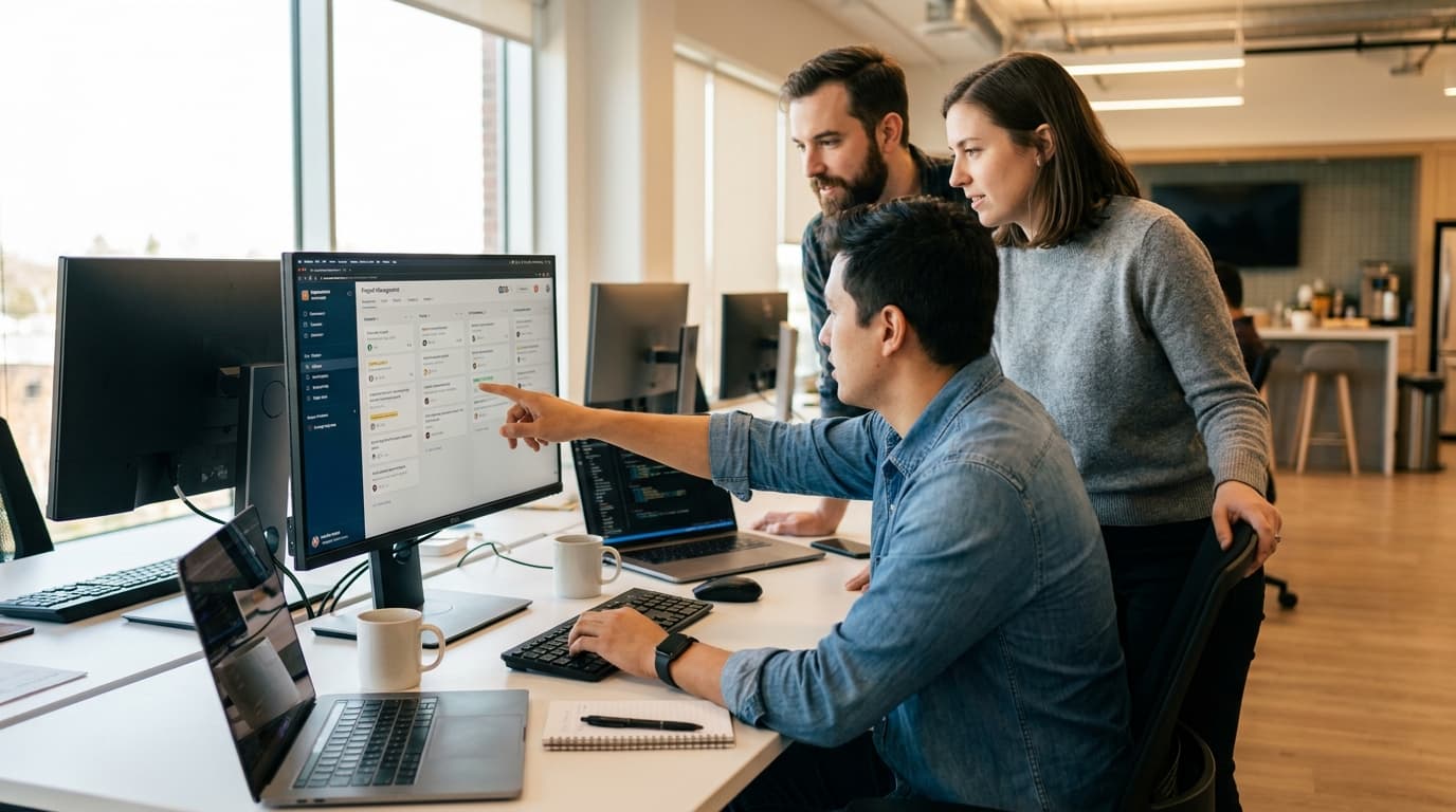 A group of three developers in an office collaborating around a large monitor displaying a project management dashboard.
