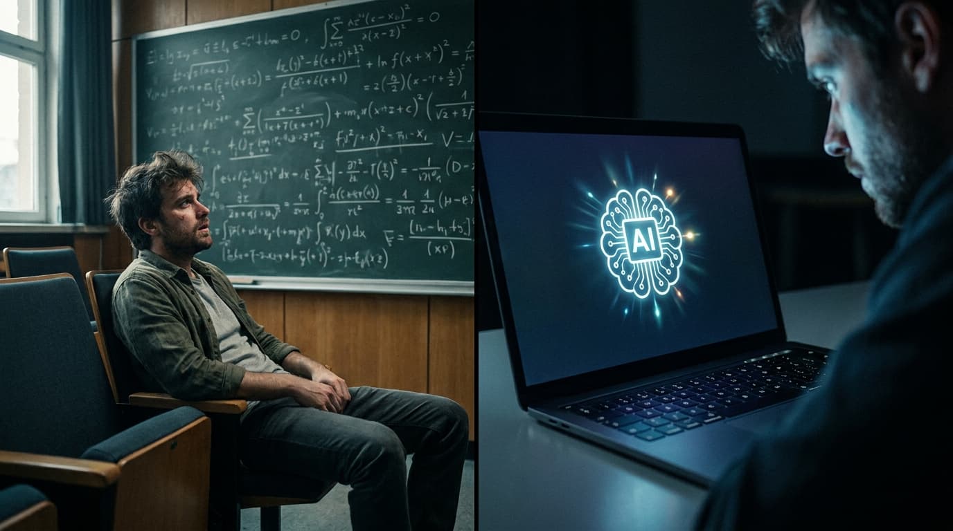 A student in a UC Berkeley lecture hall struggles with a math problem, contrasted with an AI logo on a computer, symbolizing AI's impact on education.