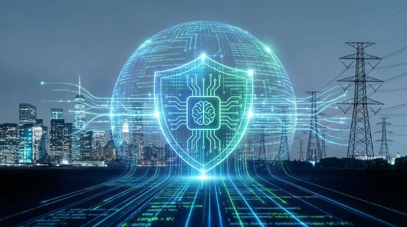 An AI-powered digital shield protecting critical infrastructure like a power grid from cyber threats, symbolizing Project Glasswing.