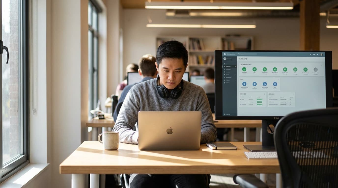A developer working on a laptop with a secondary monitor that displays a cloud infrastructure management application.