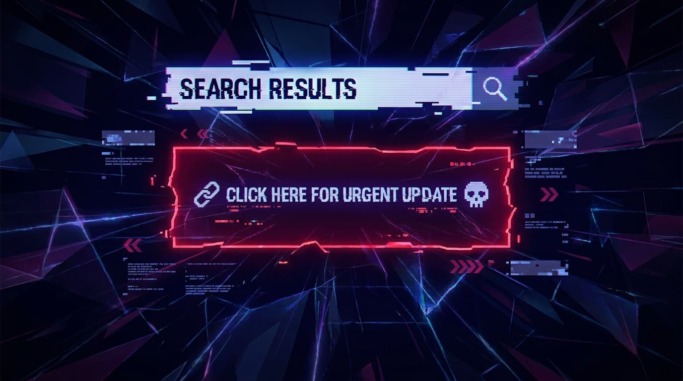 An abstract illustration of a search results page where a dangerous link glows red, representing a malware threat hidden in search results.